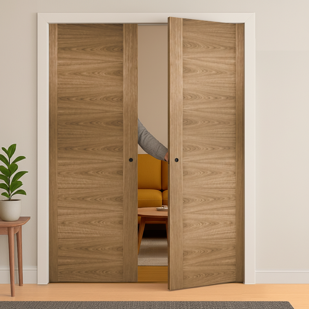 Premium Walnut Double Pocket Door Set with Galvanised Steel Frame and Pre-Finished Elegance for Modern Interiors