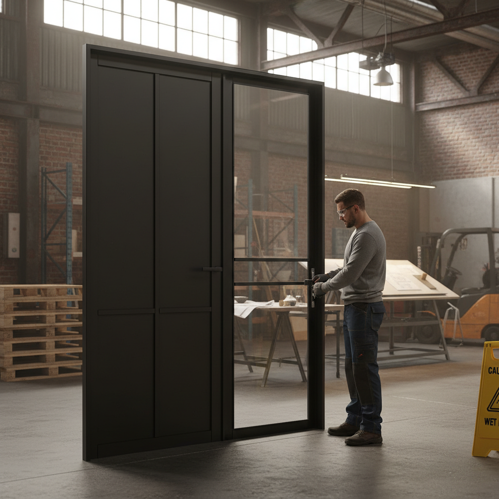 Premium Industrial Style Offset French Doors with Side Panel - Modern Design, Multiple Sizes, and Matt Black Hardware