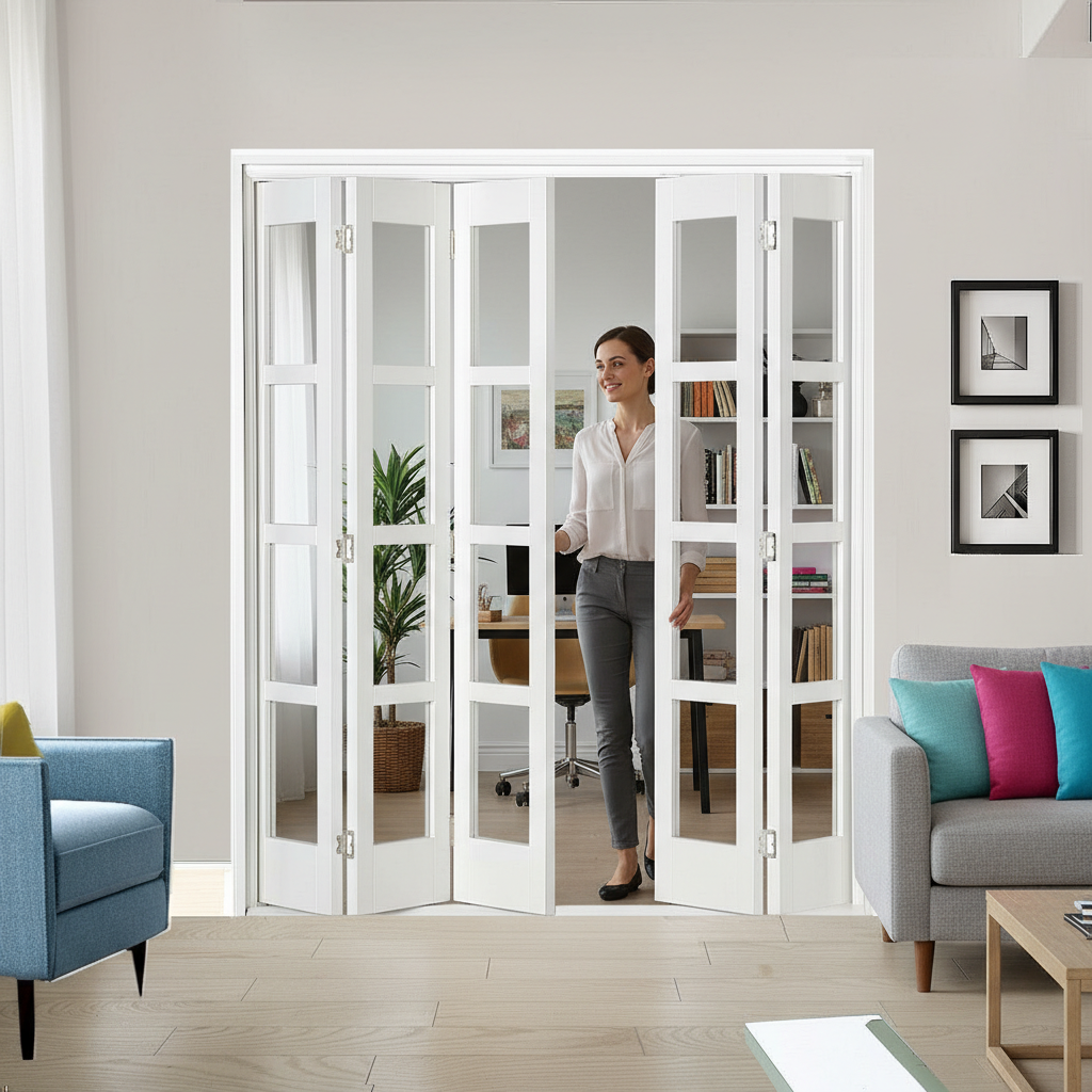 Premium 5 Leaf Bi-Folding Door Set with Clear Glazing and Polished Chrome Hardware - 2033mm High x 1943mm Wide