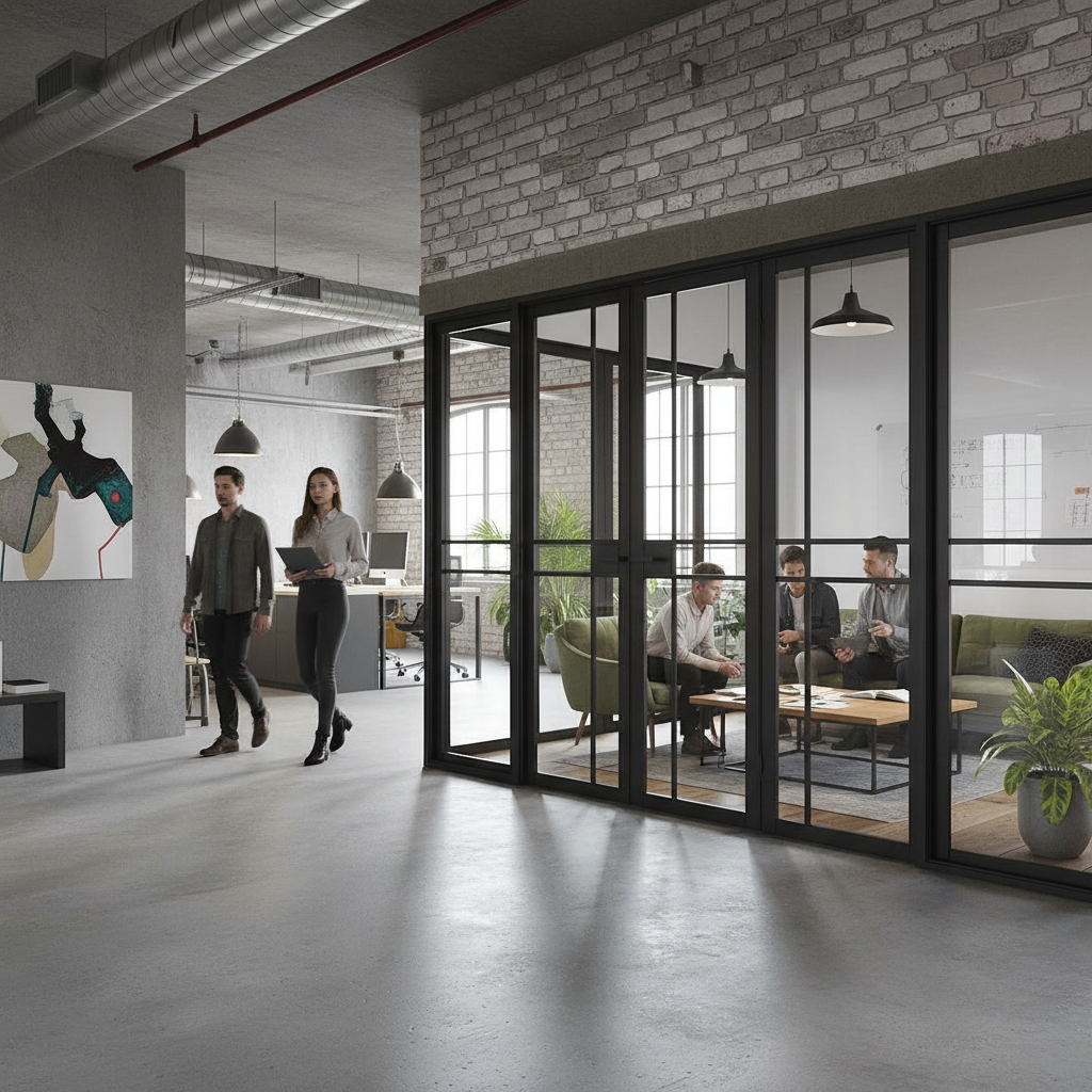 Premium Industrial Style Room Divider with Clear Safety Glass and Black Frame - Perfect for Home and Office Spaces