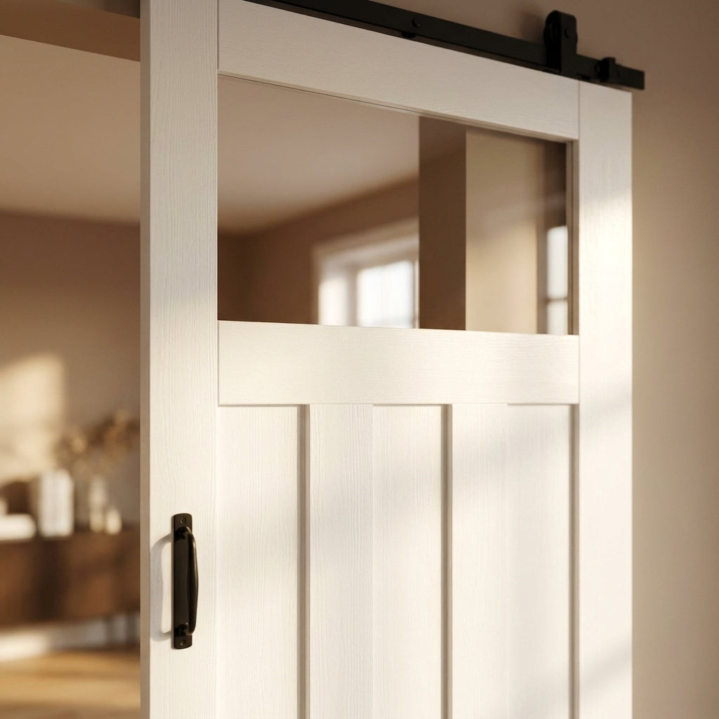 Internal Sliding Door, White Primed, 1930's Style, Clear Glass, Black Top Mounted - detail view