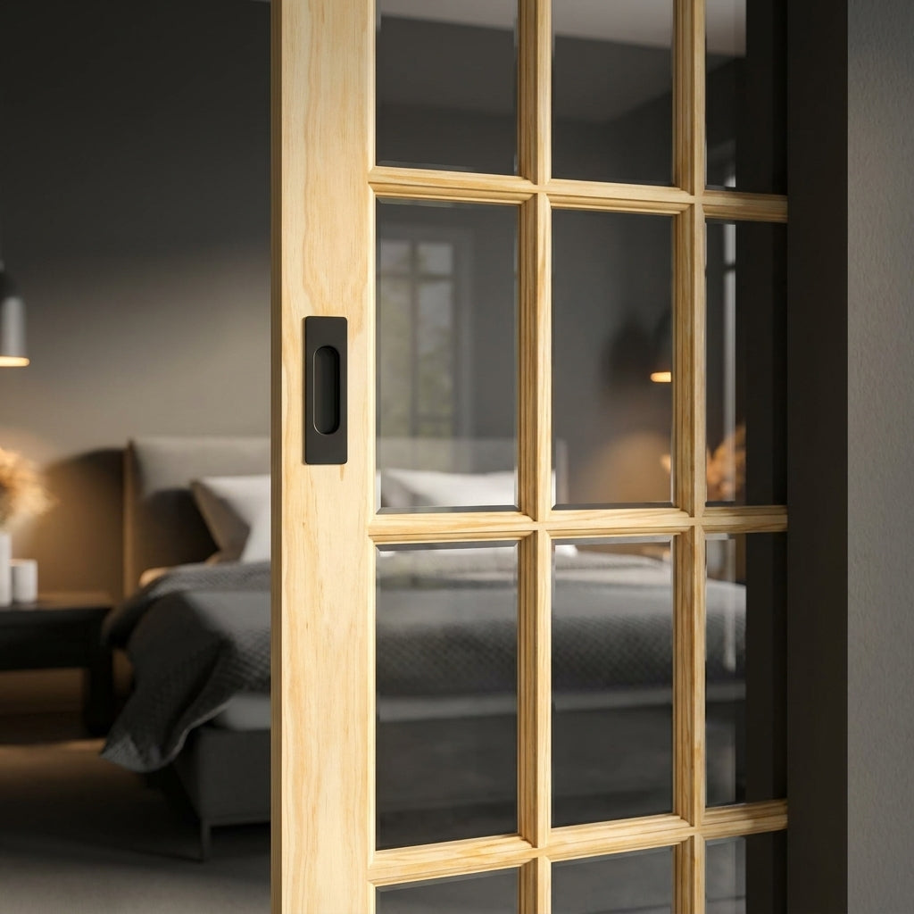 Internal Pocket Door Set 100mm Unfinished Clear Pine with Clear Glass Glazing - detail view