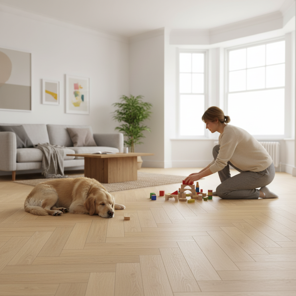 Premium 12mm Laminate Herringbone Flooring in Pale Amberwood Oak with Cork Underlay for Enhanced Comfort and Style