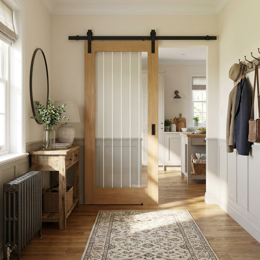 Oak Internal Sliding Door, Unfinished, 1 Light, Obscure Lined Clear Glass