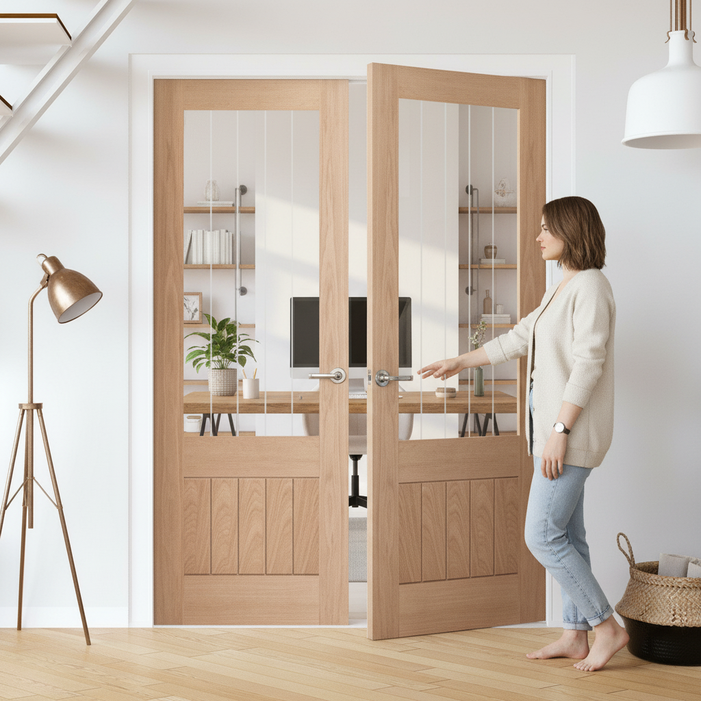 Premium Unfinished Oak 1 Panel 1 Light Glazed Pair Door with Obscure Lined Glass for Elegant Interior Design