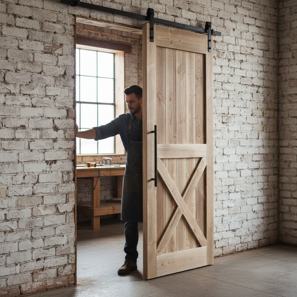 Premium Carbonised Internal Pine 1 Panel X Brace Sliding Barn Door with Black Top Mount for Rustic Interior Décor