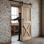 Premium Carbonised Internal Pine 1 Panel X Brace Sliding Barn Door with Black Top Mount for Rustic Interior Décor