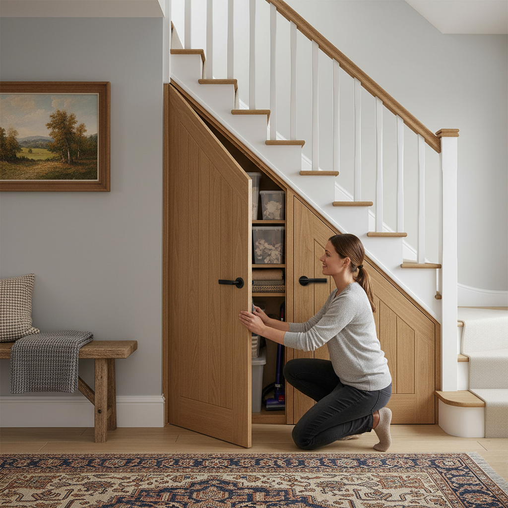 Premium Oak Internal Fully Finished Angled Under-Stair Cupboard Door for Custom Storage Solutions - Image 2