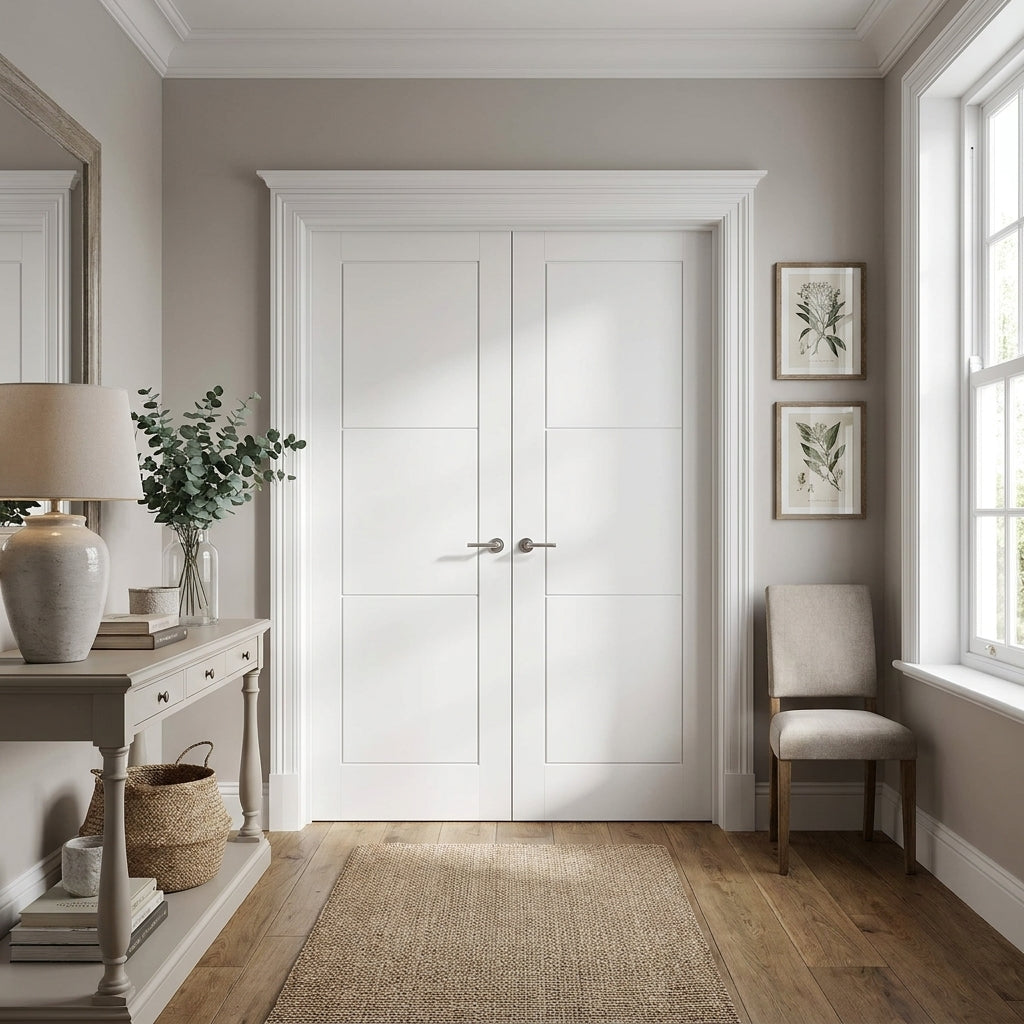 Internal 3 Panel White Primed Door Pair, Semi-Solid Core, 121432