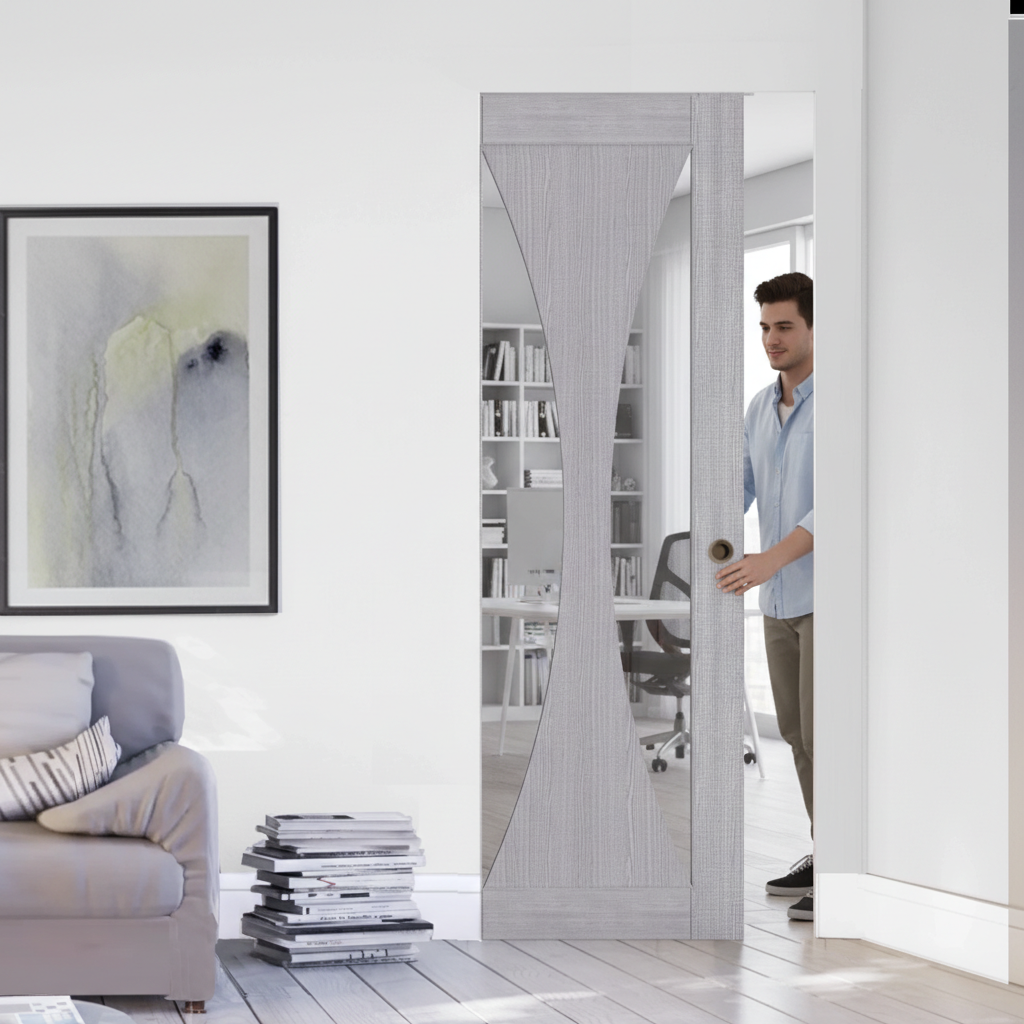 Premium Light Grey Glazed Flush Pocket Door Set with No Bottom Track and 15-Year Guarantee
