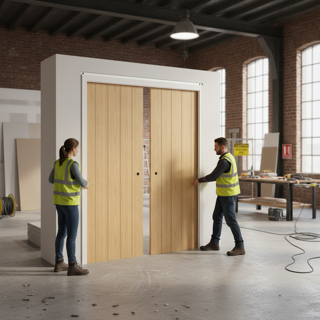 Premium Oak Double Pocket Door Set with Solid Core and Galvanised Steel Frame for Elegant Space Solutions