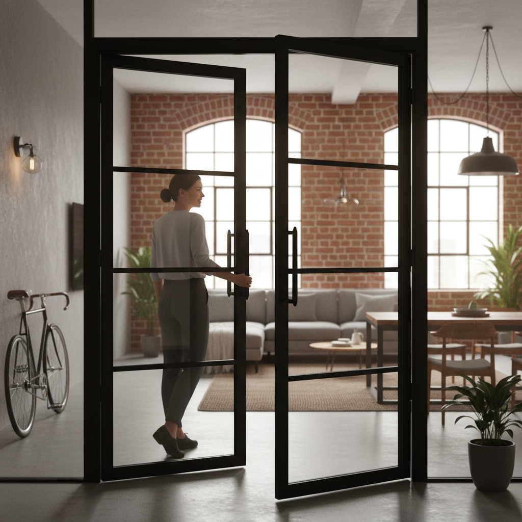 Premium Industrial Style Door Pair with Clear Safety Glass and Solid Engineered Core for Enhanced Durability