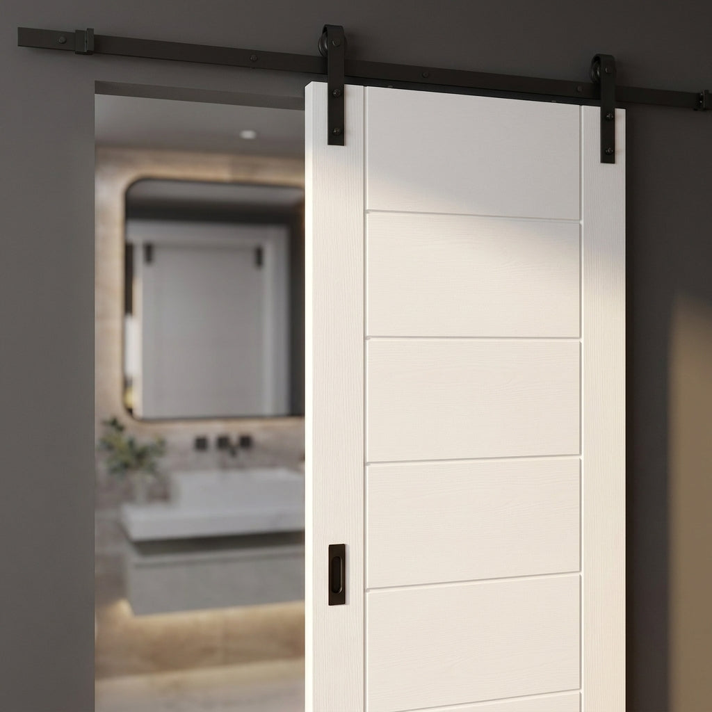 Internal White Sliding Door, 7 Panel, Primed Finish, Black Face Mounted - detail view