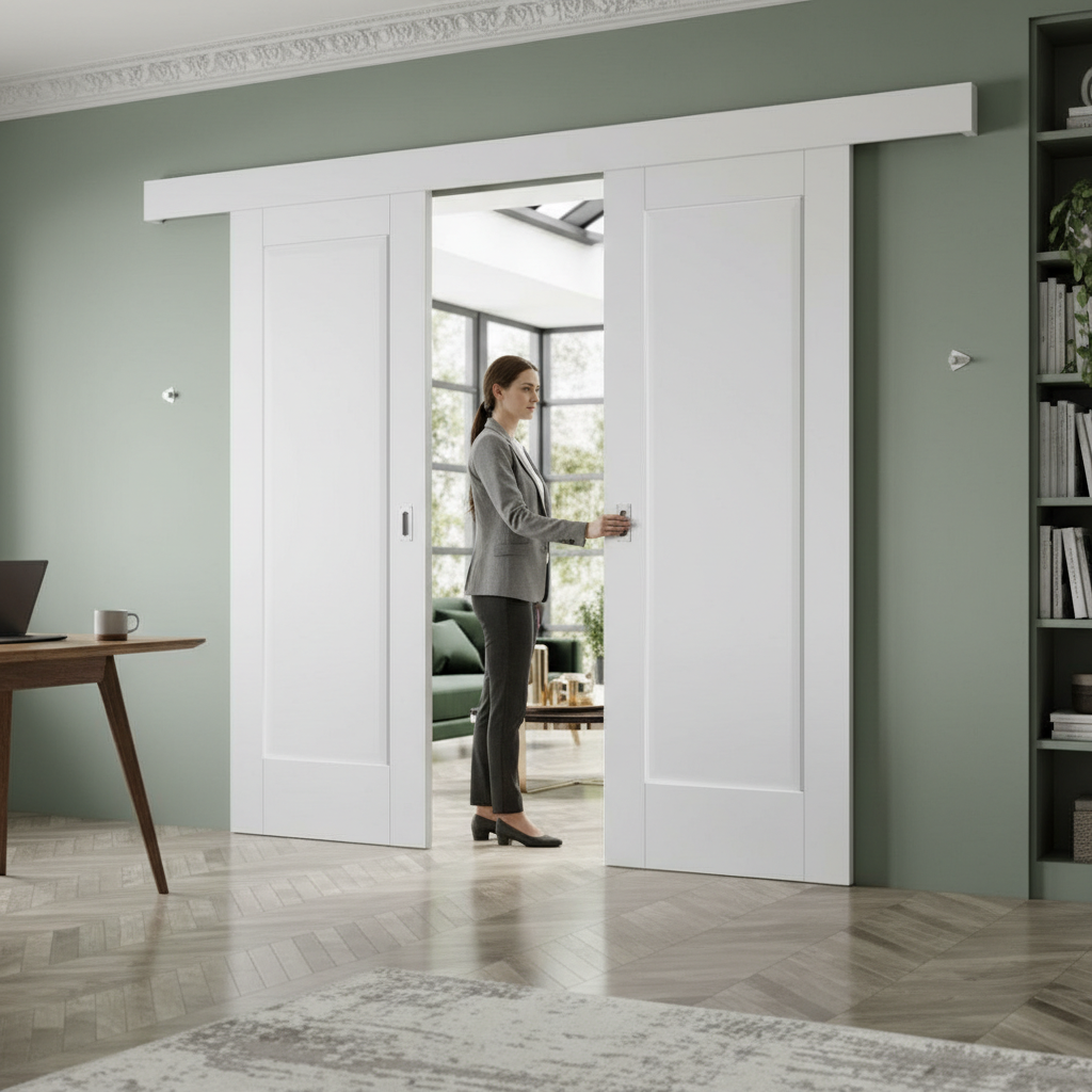 Premium Double Sliding Door System with White Pelmet and Adjustable Track for 35mm to 50mm Thick Doors