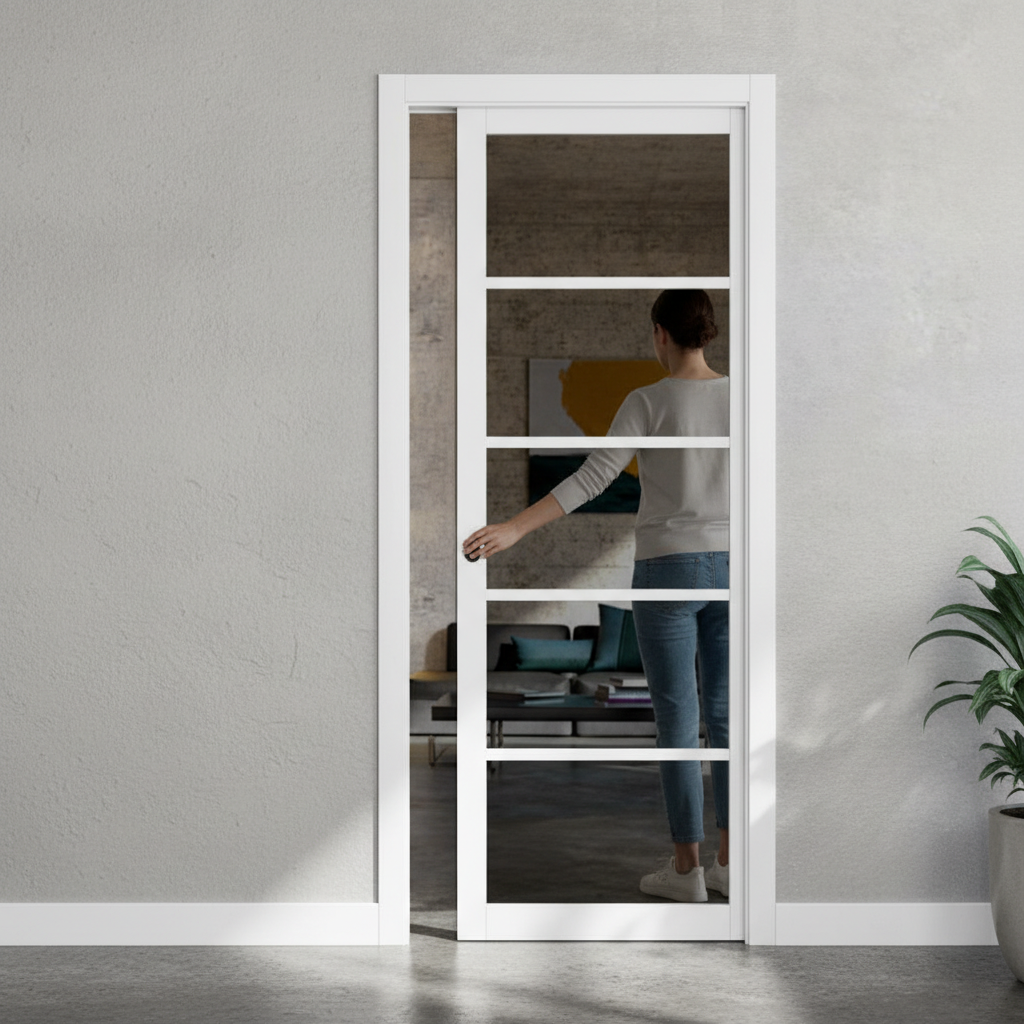 Premium 5L Tinted Glazed Flush Pocket Door Set with No Bottom Track and Space-Saving Design