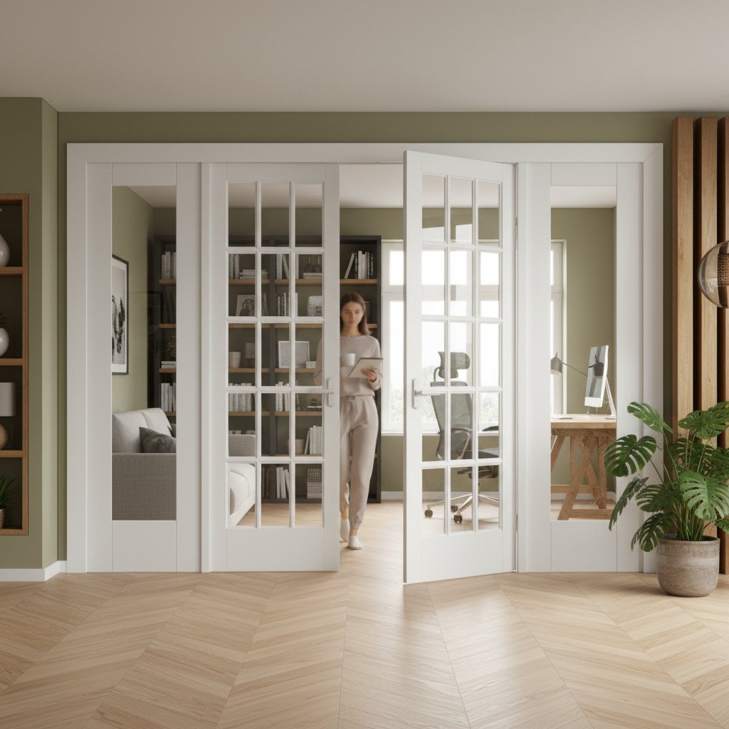 Internal Clear Glass Sidelight Room Divider Set with White Frame - Four Door Design for Elegant Interior Spaces - Image 2