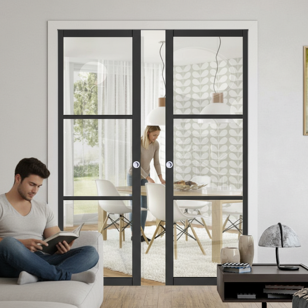 Premium Clear Glazed Double Pocket Door Set with Galvanised Steel Frame and Adjustable Jamb Kit