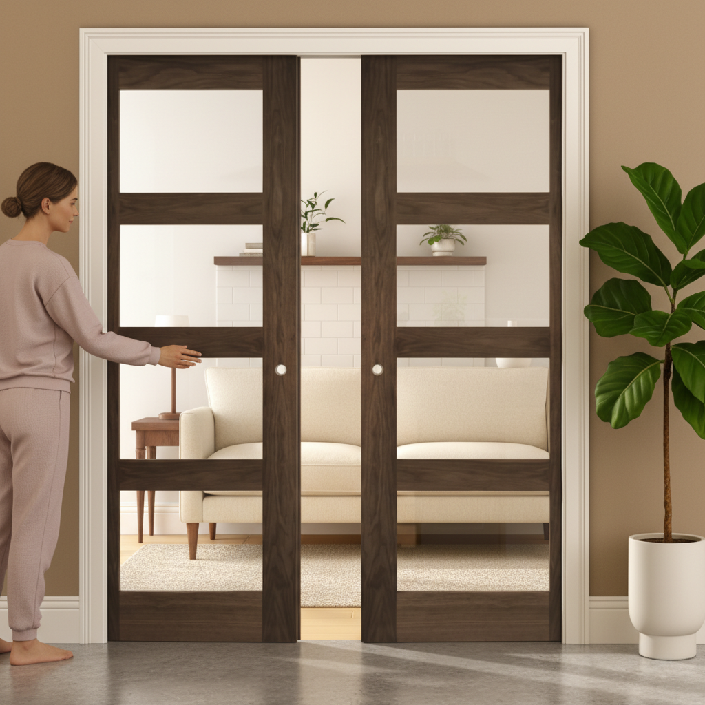 Premium Clear Glazed Double Pocket Door Set with Walnut Veneer Frame and Galvanised Steel Pocket System