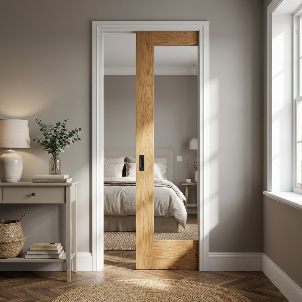 Oak Internal Pocket Door Set Unfinished 1 Light Clear Glass Framed 100mm