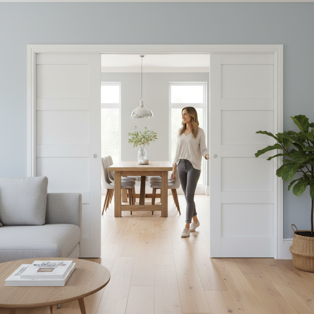 Premium 4 Panel White Double Pocket Door Set with Solid Construction and Adjustable Features for Modern Interiors