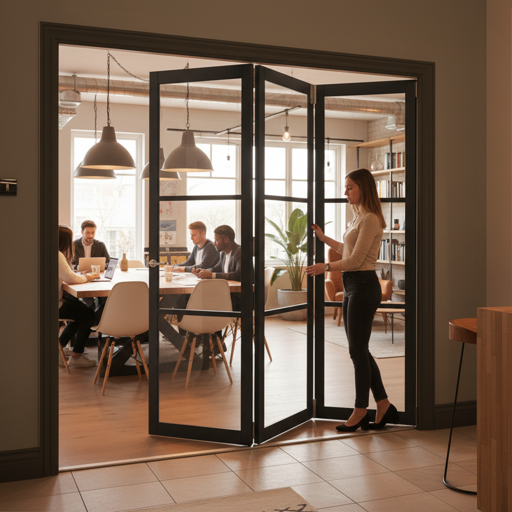 Premium Clear Glazed Industrial Style Room Divider with Bi-Folding Doors and High-Quality Track Mechanism for Flexible Space Management