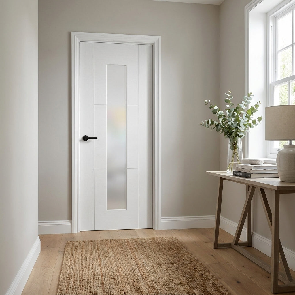 Internal White Door, Made-to-Measure, Primed Finish, 3 Panel, 1 Light Obscure Glass