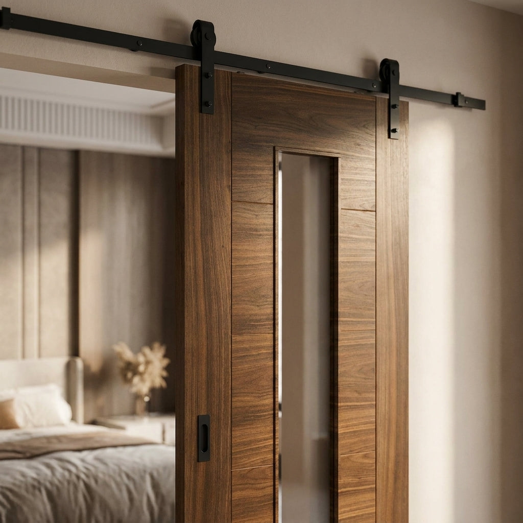 Walnut Internal Door Fully Finished with 4mm Clear Glass Glazing - detail view