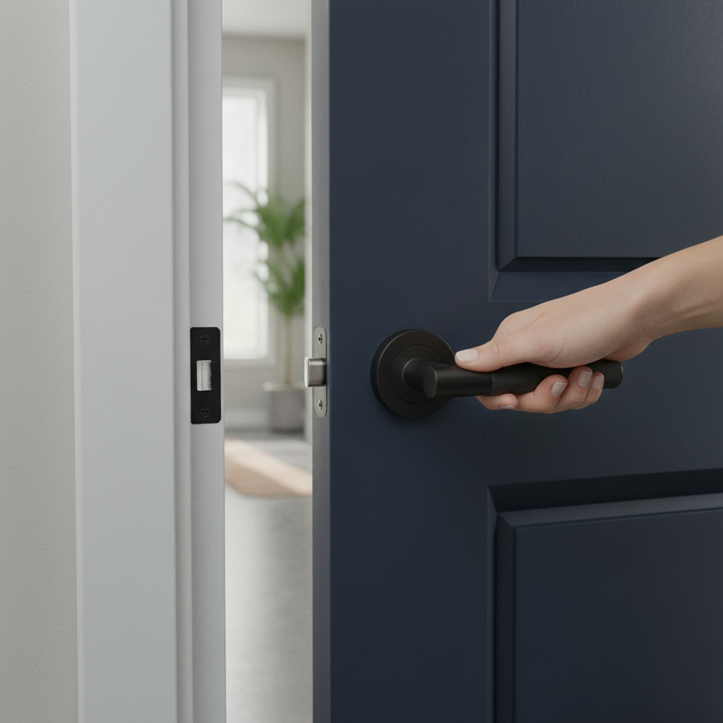 Premium Round Rose Lever Door Handle Set in Matt Black - Modern Design with Ergonomic Comfort and Secure Locking - Image 2