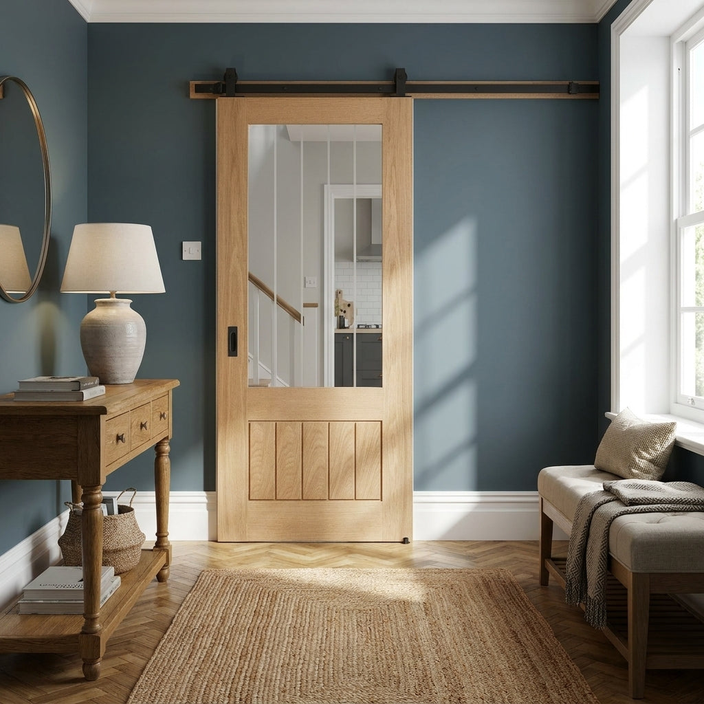Internal Oak Sliding Door Unfinished Solid Core with 1 Light Obscure Glass Panel