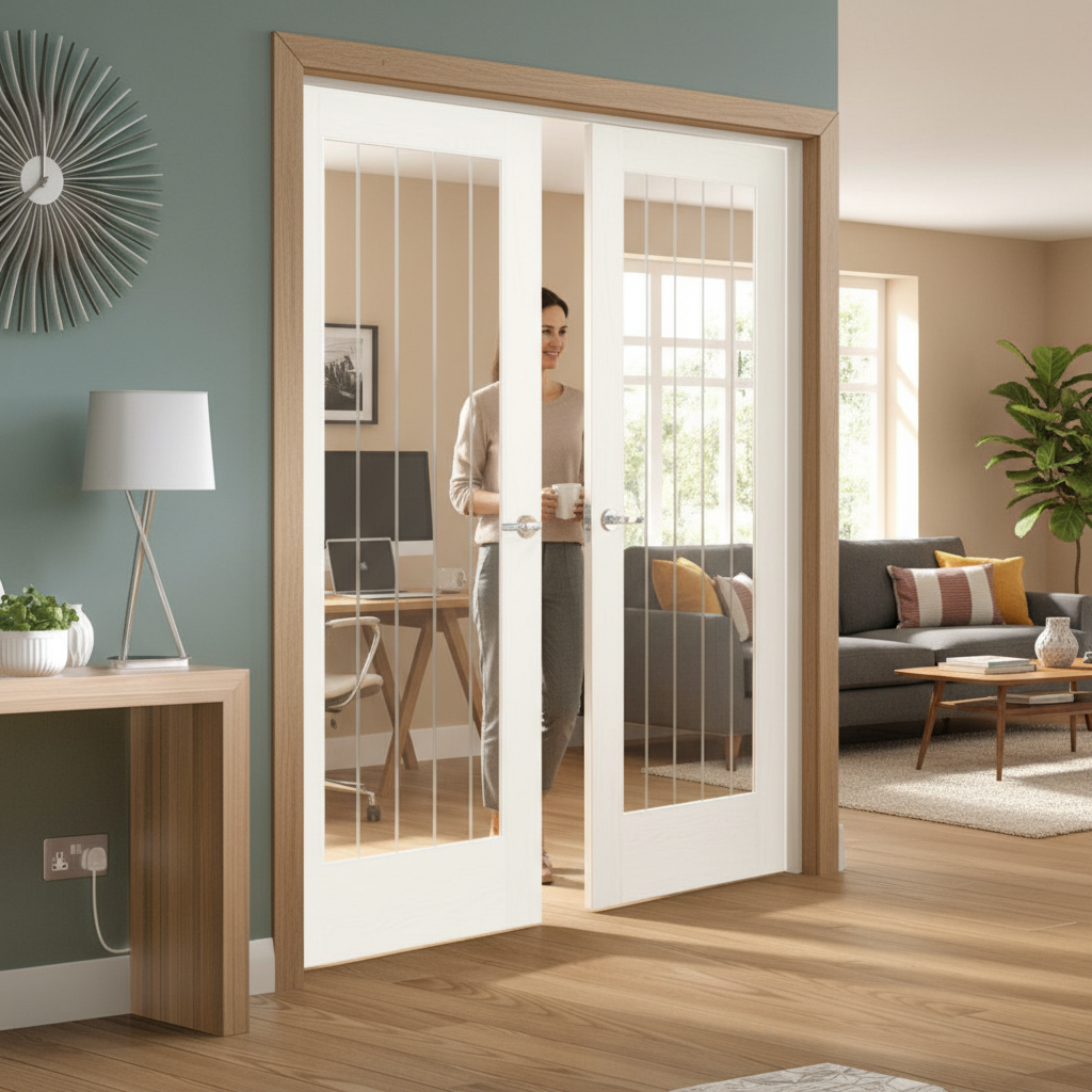 Premium Custom Made White Glazed French Doors with Etched Glass Design for Bespoke Home Aesthetics