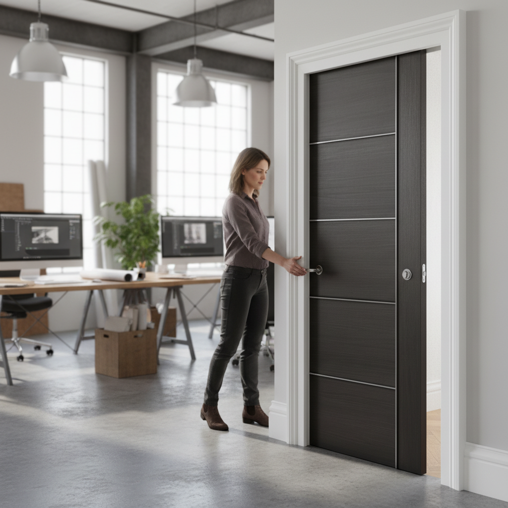 Premium Dark Grey Laminate Pocket Door Set with Galvanized Steel Frame, Adjustable Track, and 15-Year Guarantee