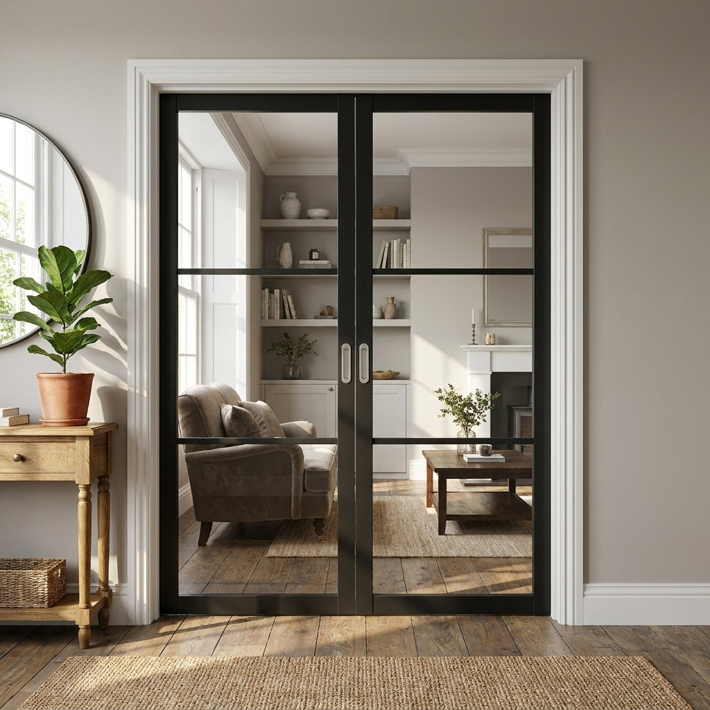 Internal French Door with 3 Light Clear Glass, Primed Finish, Industrial Style