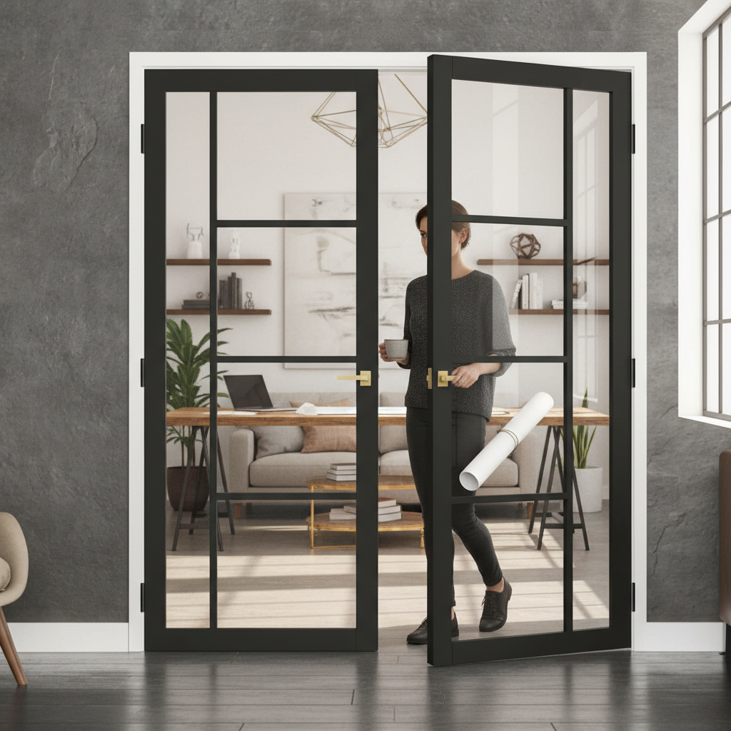 Premium Clear Glazed Industrial Style Door Pair with Elegant Asymmetrical Profile and Solid Core Construction