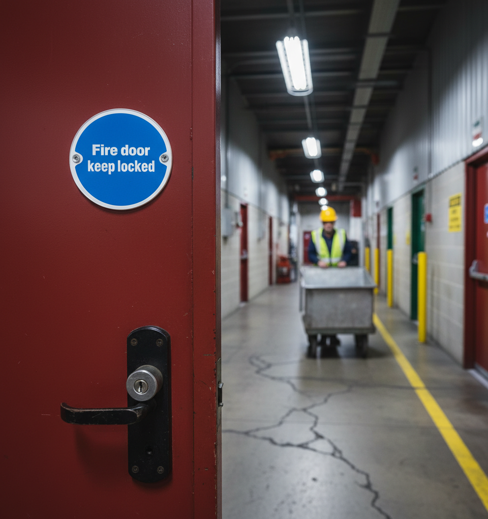 Premium Fire Door Locked Symbol in Satin or Bright Stainless Steel Finish with Screws and 10 Year Guarantee