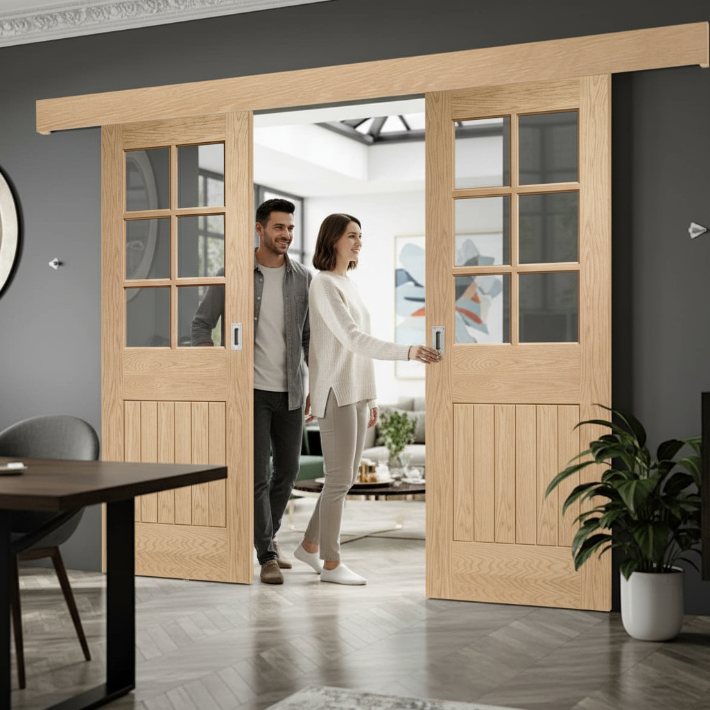 Premium Glazed Double Sliding Door System with Oak Doors and Versatile Installation Options