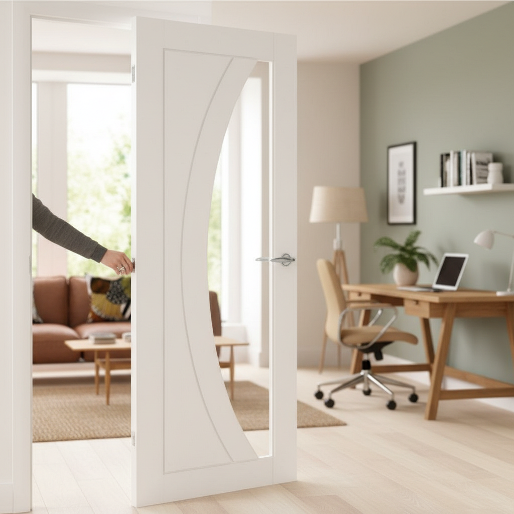 Premium White Primed Glazed Internal Door with Deep U-Groove Design and Clear Tempered Safety Glass