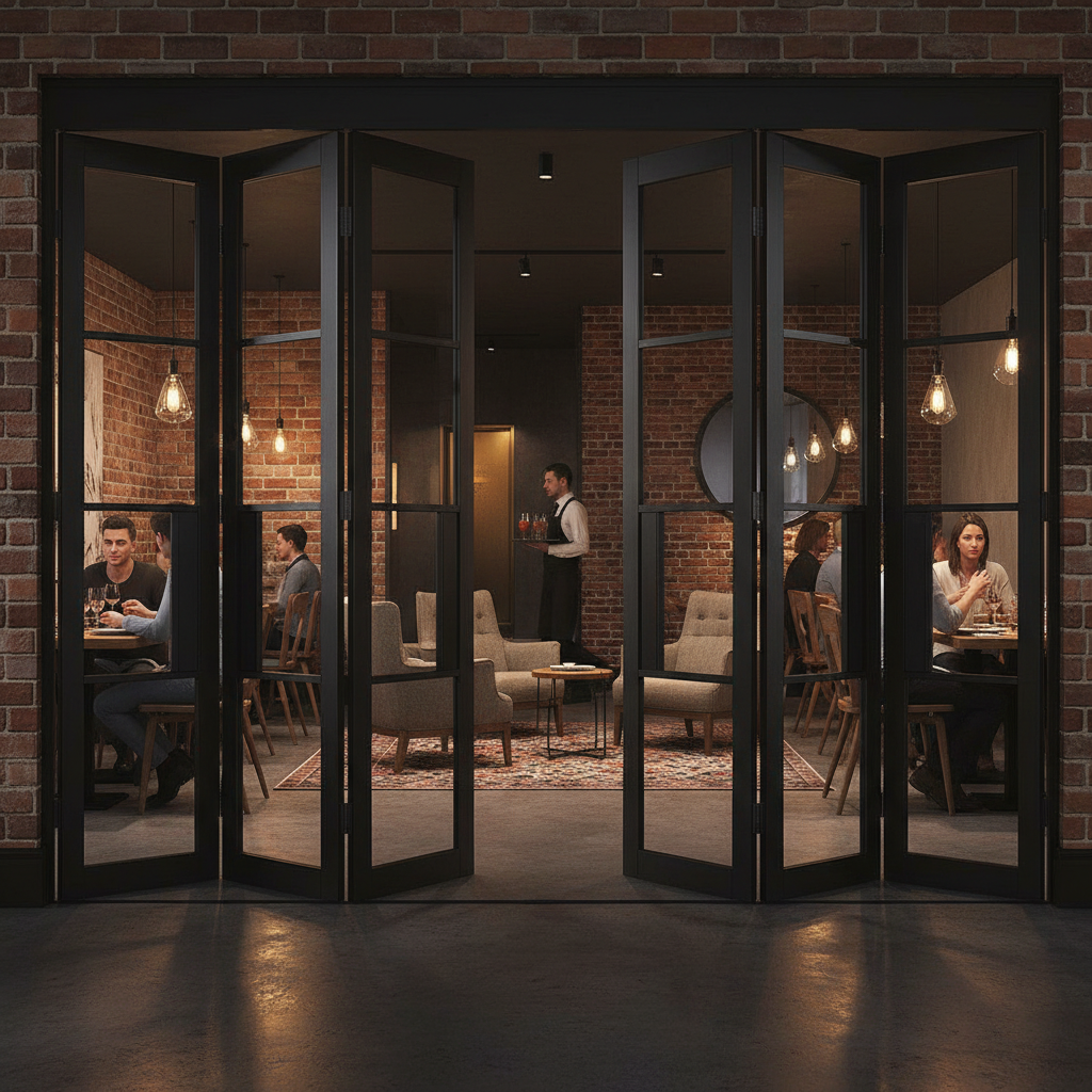 Premium Industrial Style Folding Doors with Clear Glass - 6 Door Configurations, Slim Profile Frames and Top-Hung System