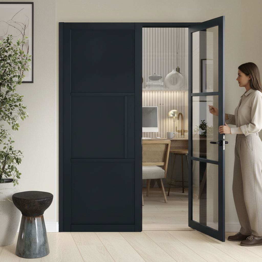 Premium 3 Panel Offset French Doors with Side Panel - Modern Black Design with Large Glass Panes for Bright Spaces