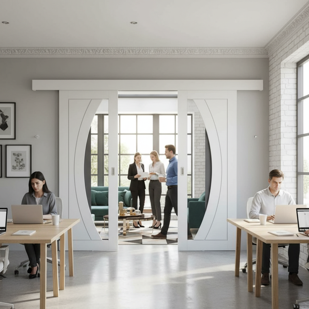 Premium Double Sliding Door System with Glazed Doors, Adjustable Track and Pelmet for Interior Spaces