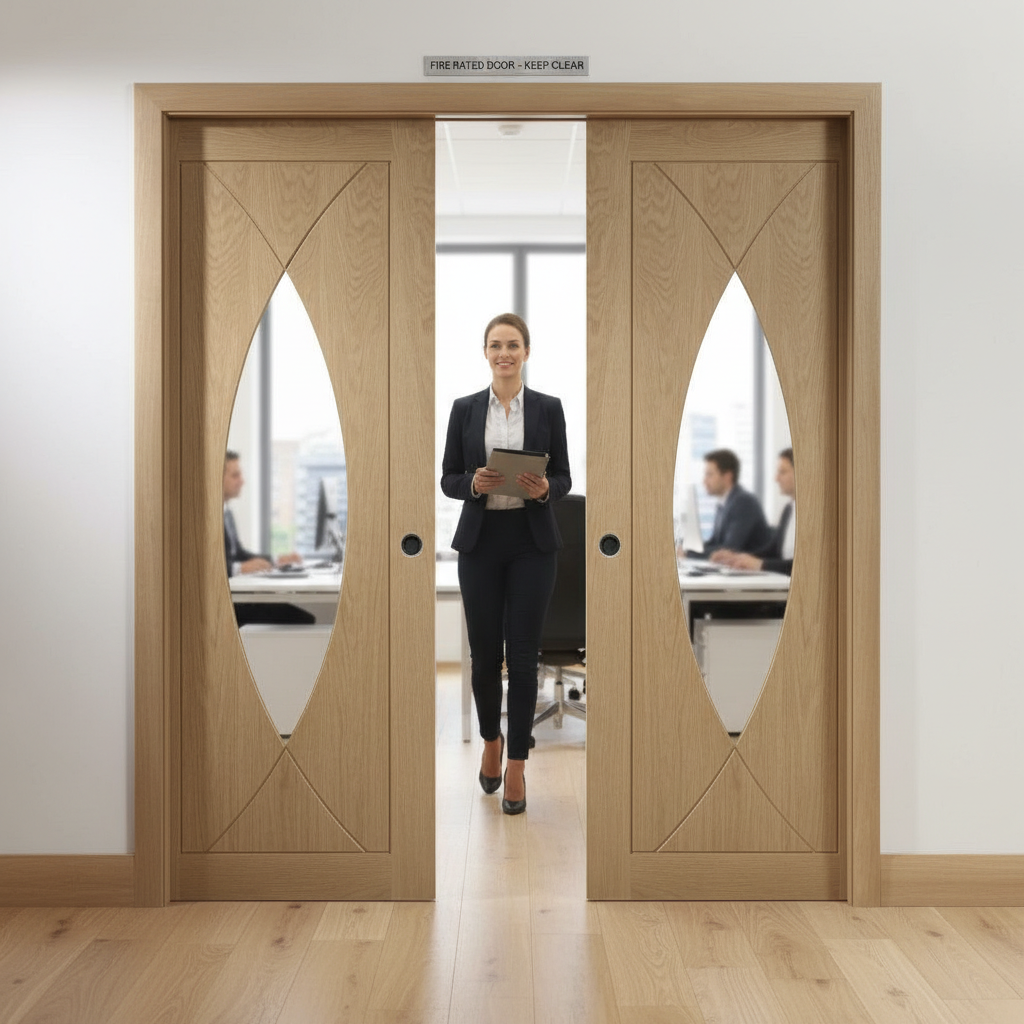 Premium Double Fire Rated Pocket Door Set with Clear Glazed Panels and Heavy Duty Steel Frame for Stylish Home Interiors