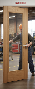 Premium Contemporary Oak Clear Glazed Internal Fire Door with V Grooves and Cross Veneers for Modern Interiors