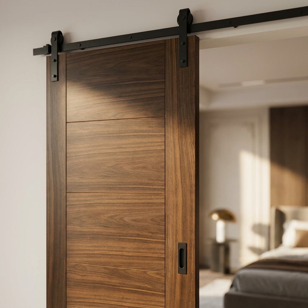 Walnut Internal Sliding Door Fully Finished with Black Face Mount - detail view