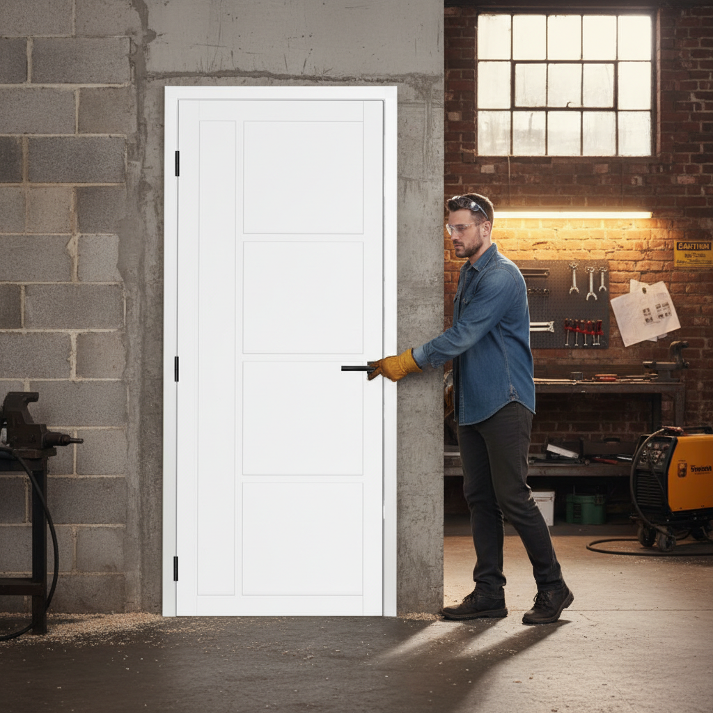 Premium White Industrial Style Door with Solid Softwood Core and Geometric Design for Modern Interiors