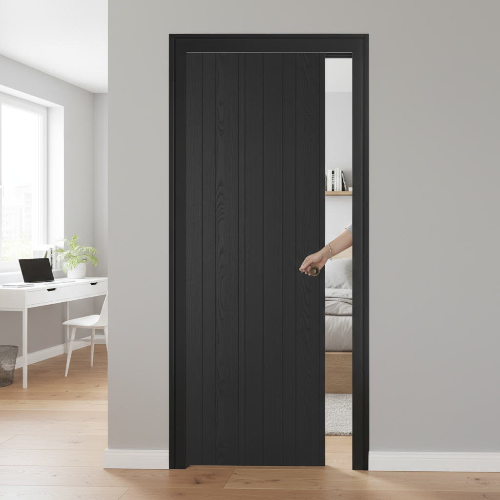 Premium Laminate Pocket Door Set with Galvanised Steel Frame and Adjustable Runners - Stylish Black Finish and Easy Installation