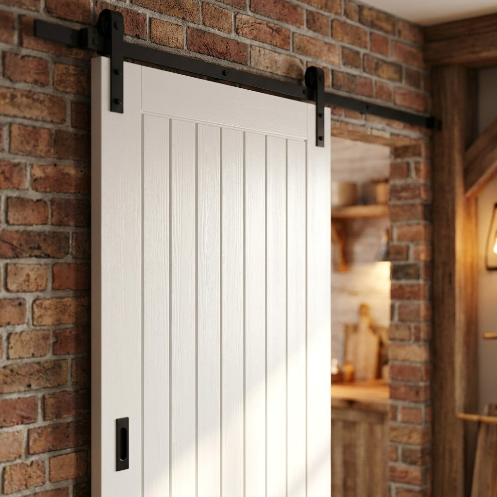 Internal White Cottage Sliding Door - White Primed, 1 Panel, Black Top Mounted - detail view