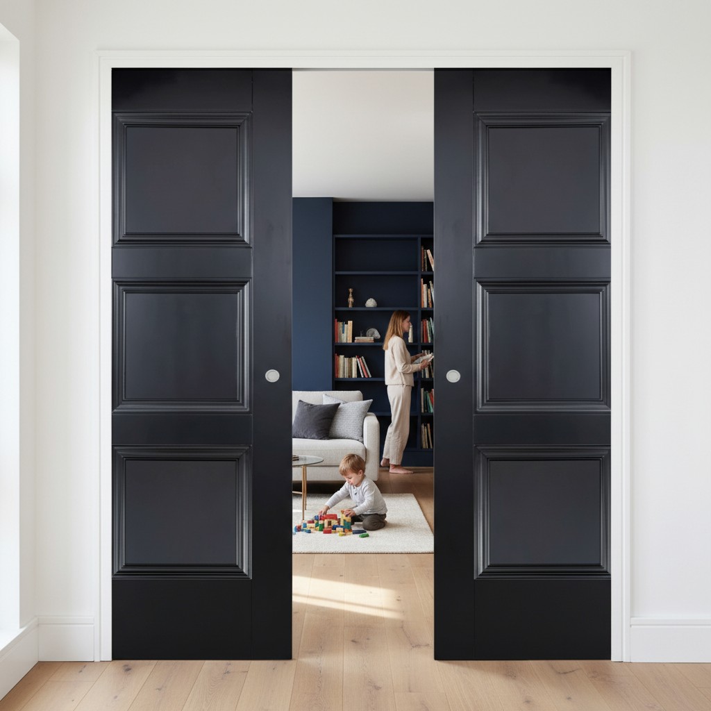 Premium 3 Panel Double Pocket Door Set with Galvanised Steel Frame and Adjustable Jambs for Space-Saving Solutions