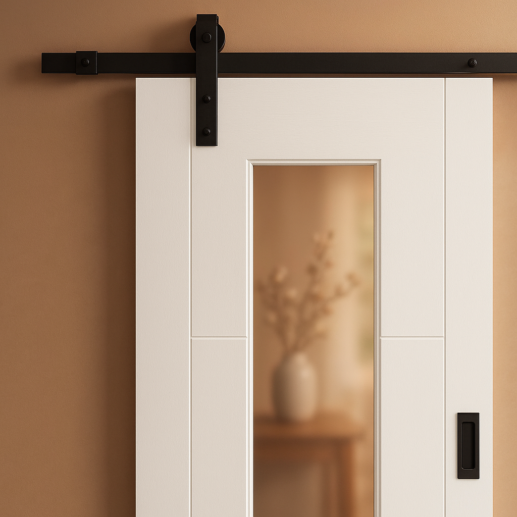 Sliding Door with Obscure Glass - White Primed 3 Panel, Black Face Mount - detail view