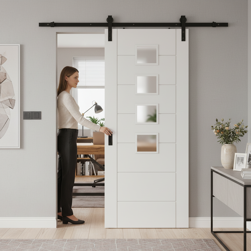 Premium White Internal Primed Sliding Door with 7 Panels and 4 Light Obscure Glass, Perfect for Modern Spaces - Image 2