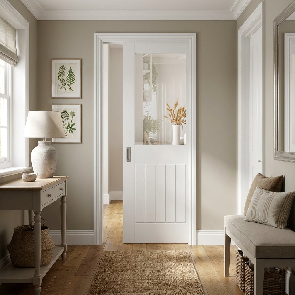 Internal Cottage 1 Light Clear Glass Pocket Door Set, White Primed, 100mm