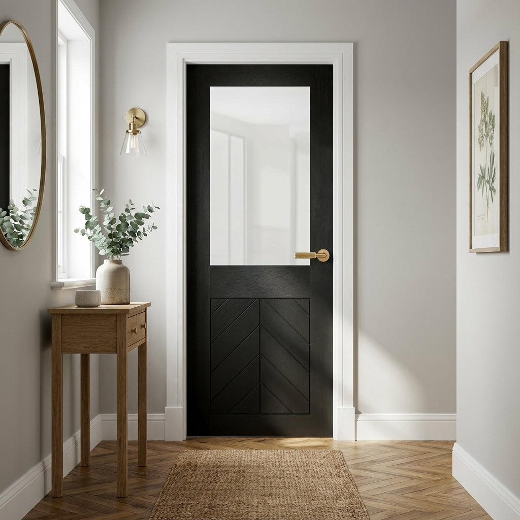 Internal Black Door Fully Finished Oak Chevron with Clear Glass